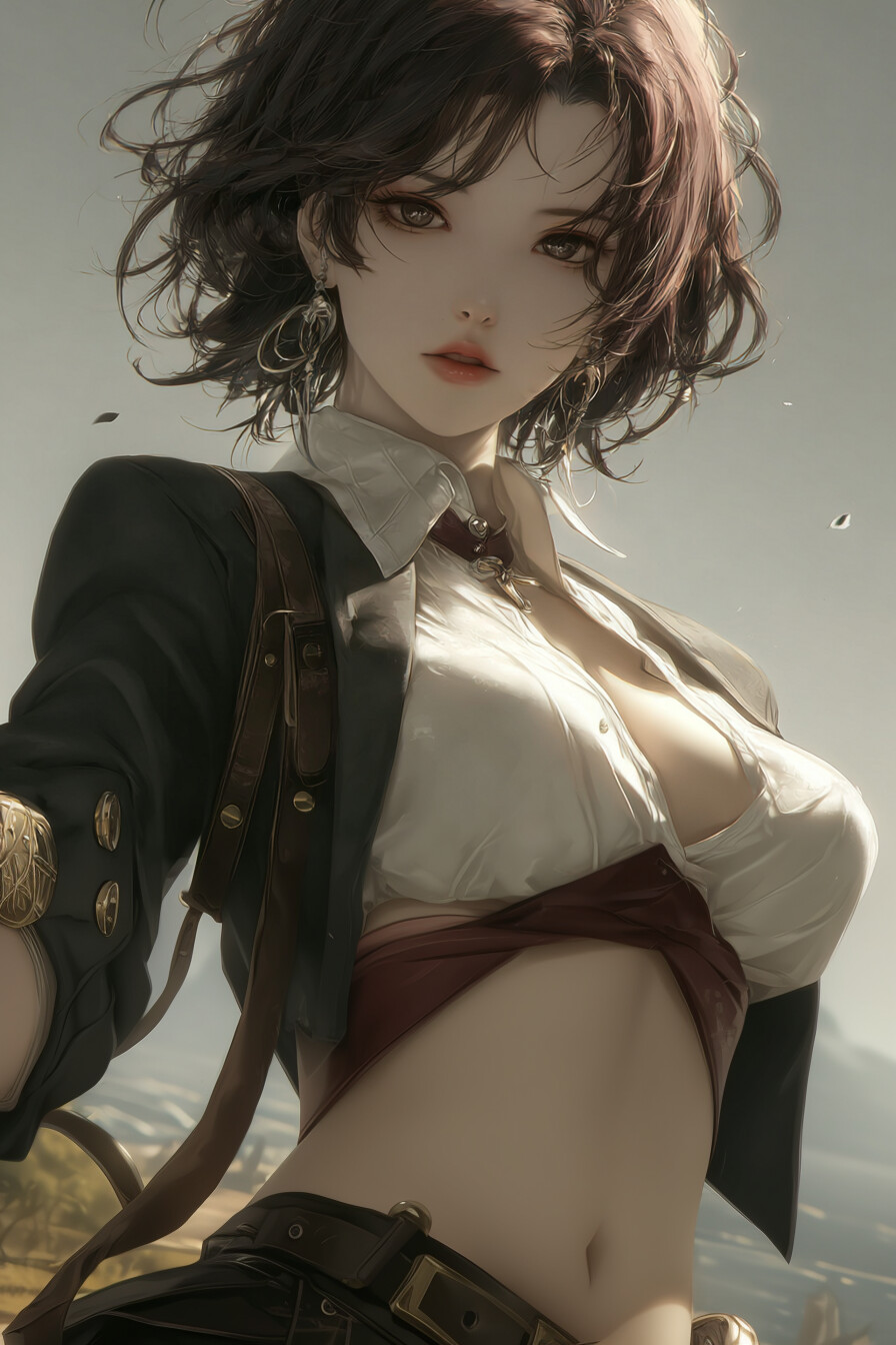 An anime-style character portrait of a young woman with chestnut brown, slightly curled short hair, topped with a perpet